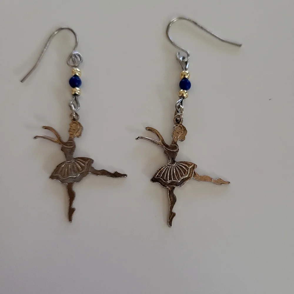 3/$15 Vintage Ballerina Drop Fishhook Earrings Gold-tone Metal with Blue Beads - Picture 3 of 3